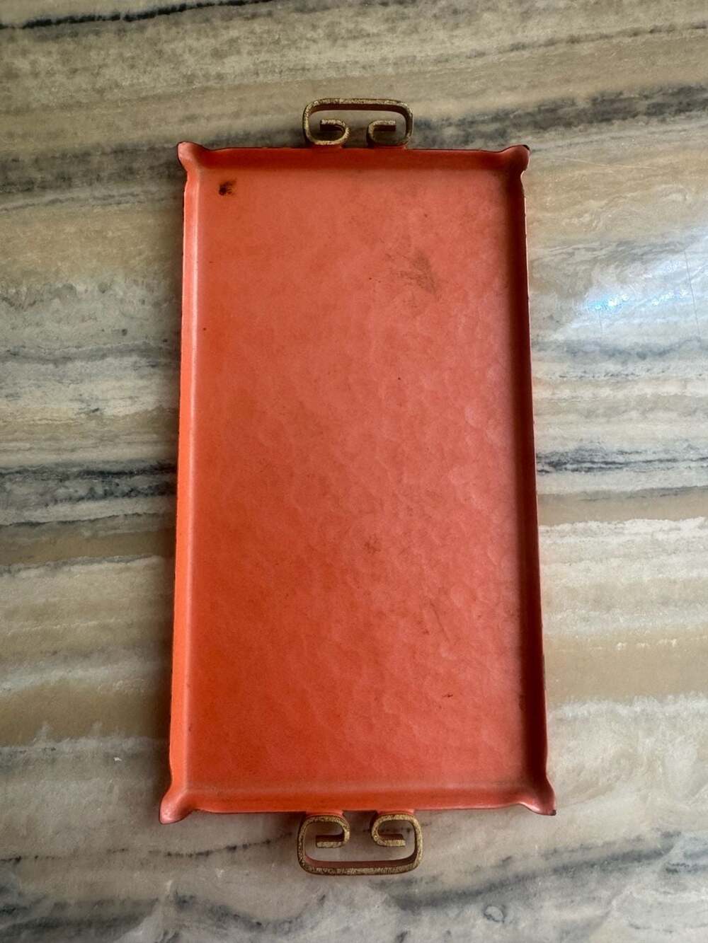 Vintage Kyes Moire Glaze Hand Made Pasadena California Orange Metal Tray